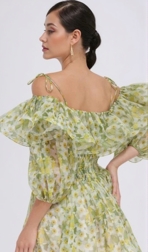 ANNA PRINTED RUFFLE TRIM MINI DRESS IN Green