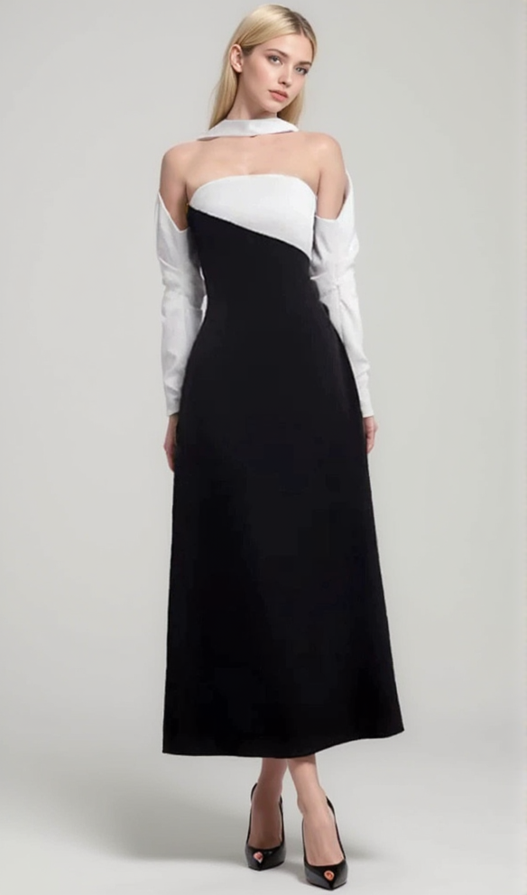 ARLENE BLACK LONG SLEEVED CUT OUT SILK TAFFETA MIDI DRESS