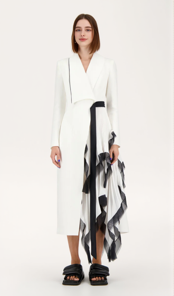 Asymmetric pleated ruffle trim blazer dress in white