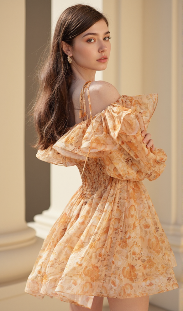 ANNA PRINTED RUFFLE TRIM MINI DRESS IN ORANGE