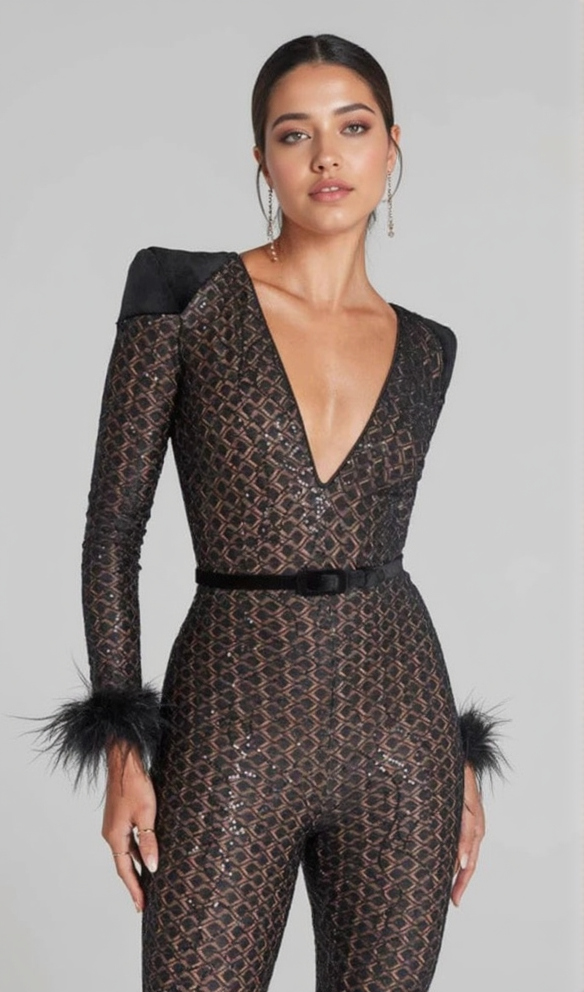 V NECK BANDAGE JUMPSUIT IN BLACK
