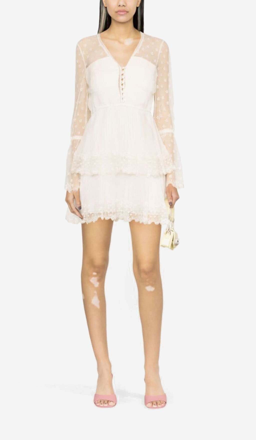 Floral-Lace Tiered Mini Dress In Ivory