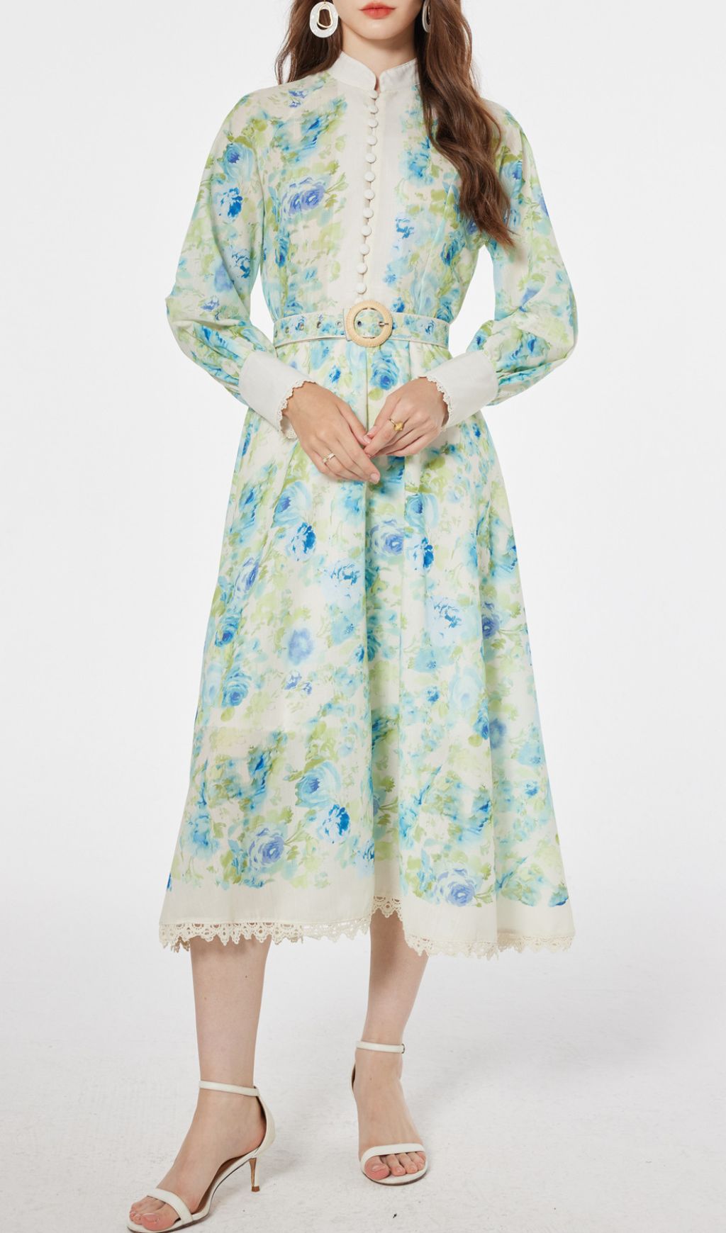 Chic Green & Blue Floral Long Sleeve Midi Dress - Elegant Garden Party Attire
