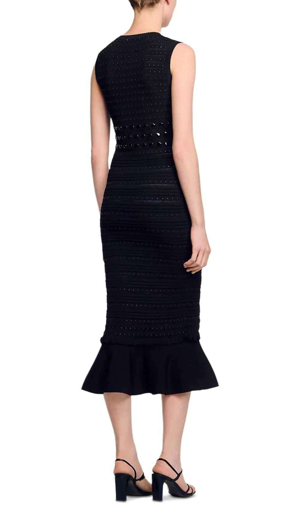 Chic Studded Knit Midi Dress | Black Sleeveless Flounce Hem