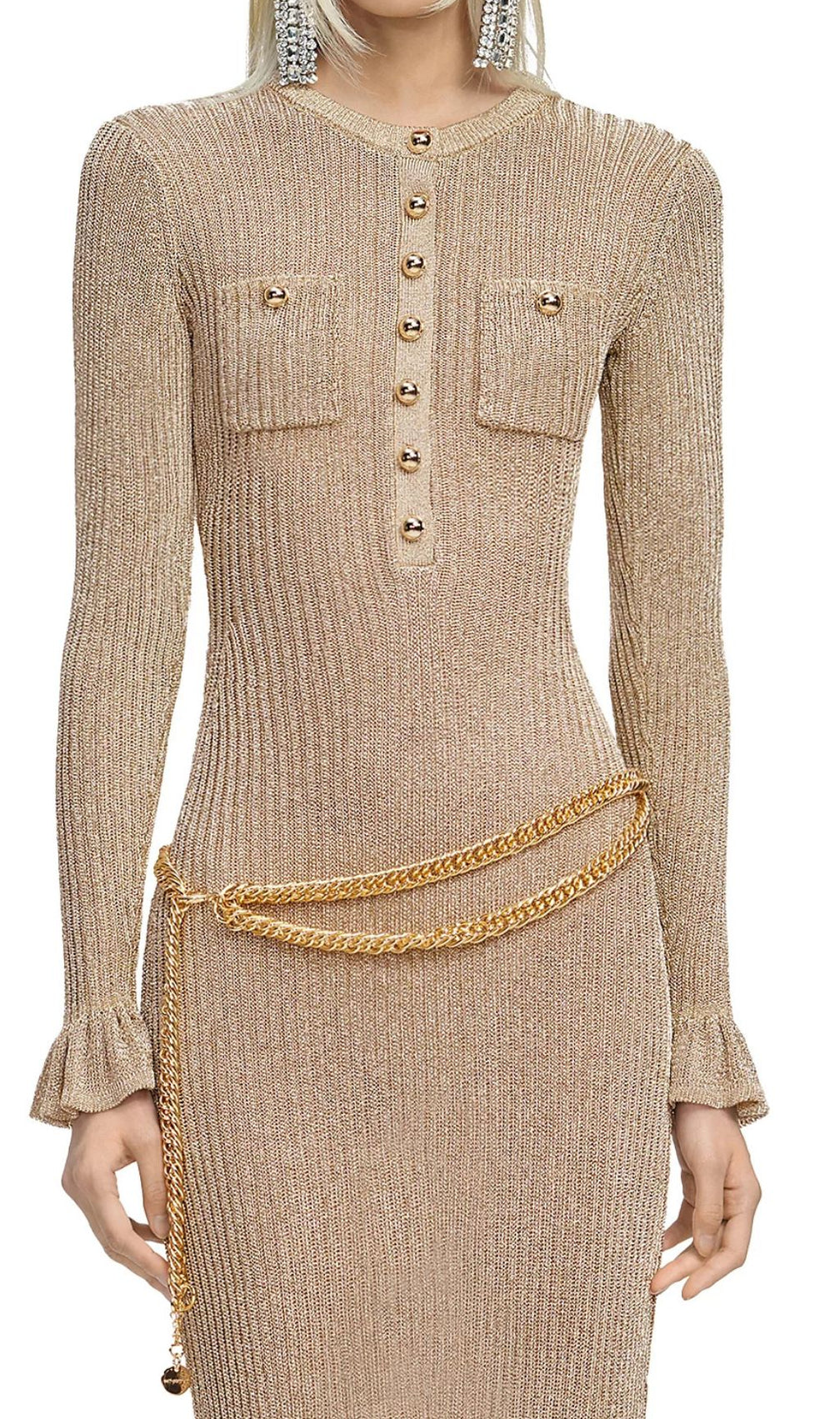 Shimmering Gold Ribbed Knit Midi Dress with Chic Chain Belt