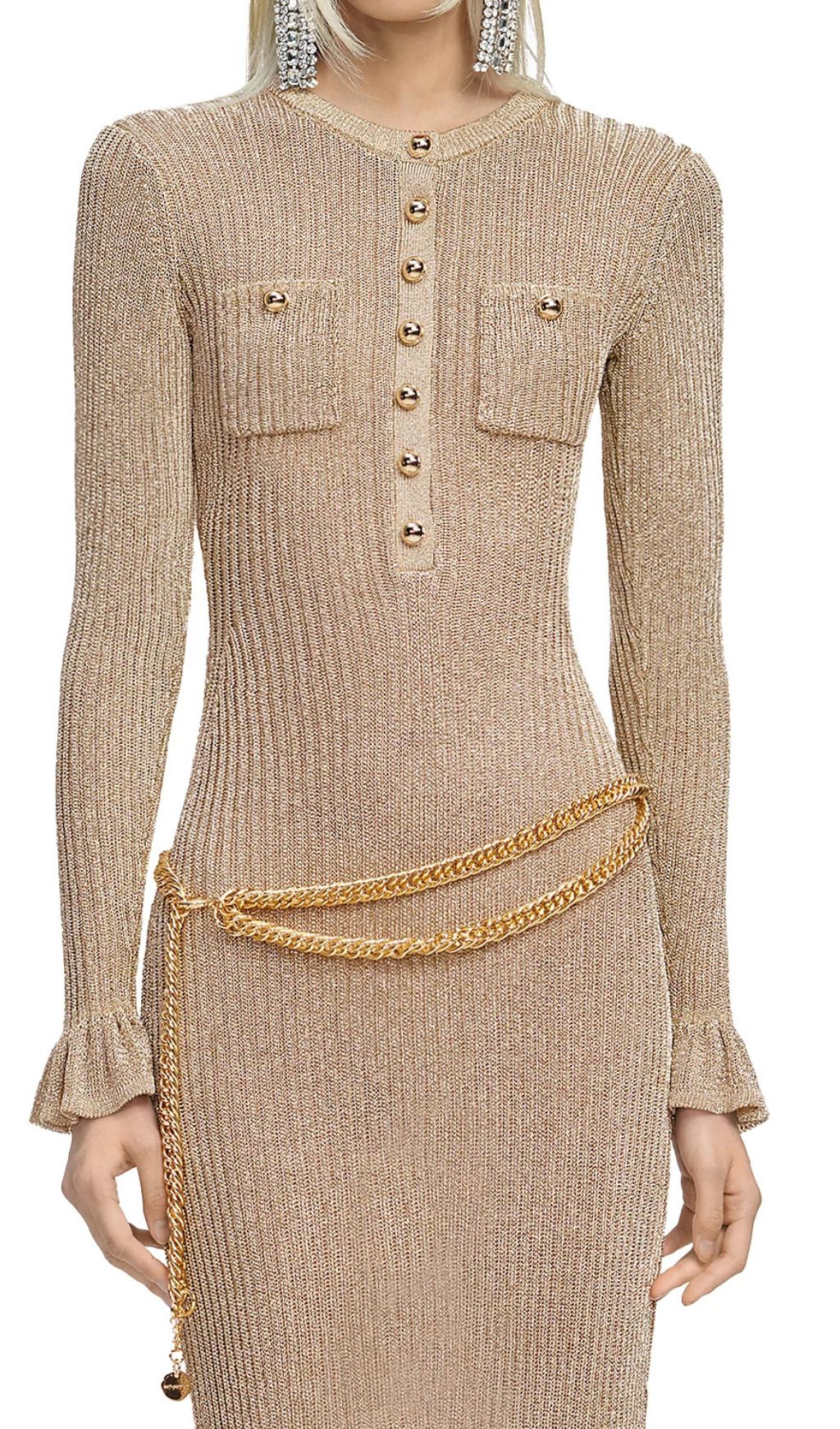 Shimmering Gold Ribbed Knit Midi Dress with Chic Chain Belt