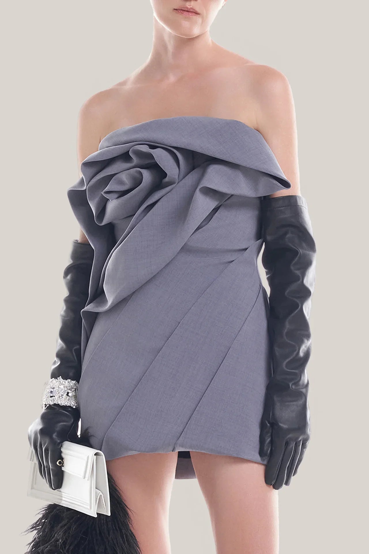 Alisa strapless flower mini dress in gray