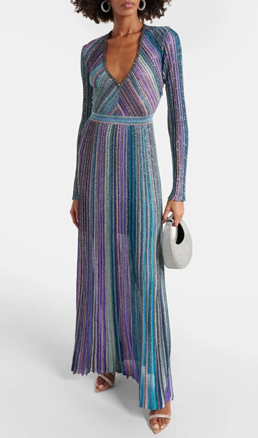 Hazen Glamorous Shimmer Stripe V-Neck Long Sleeve Maxi Dress