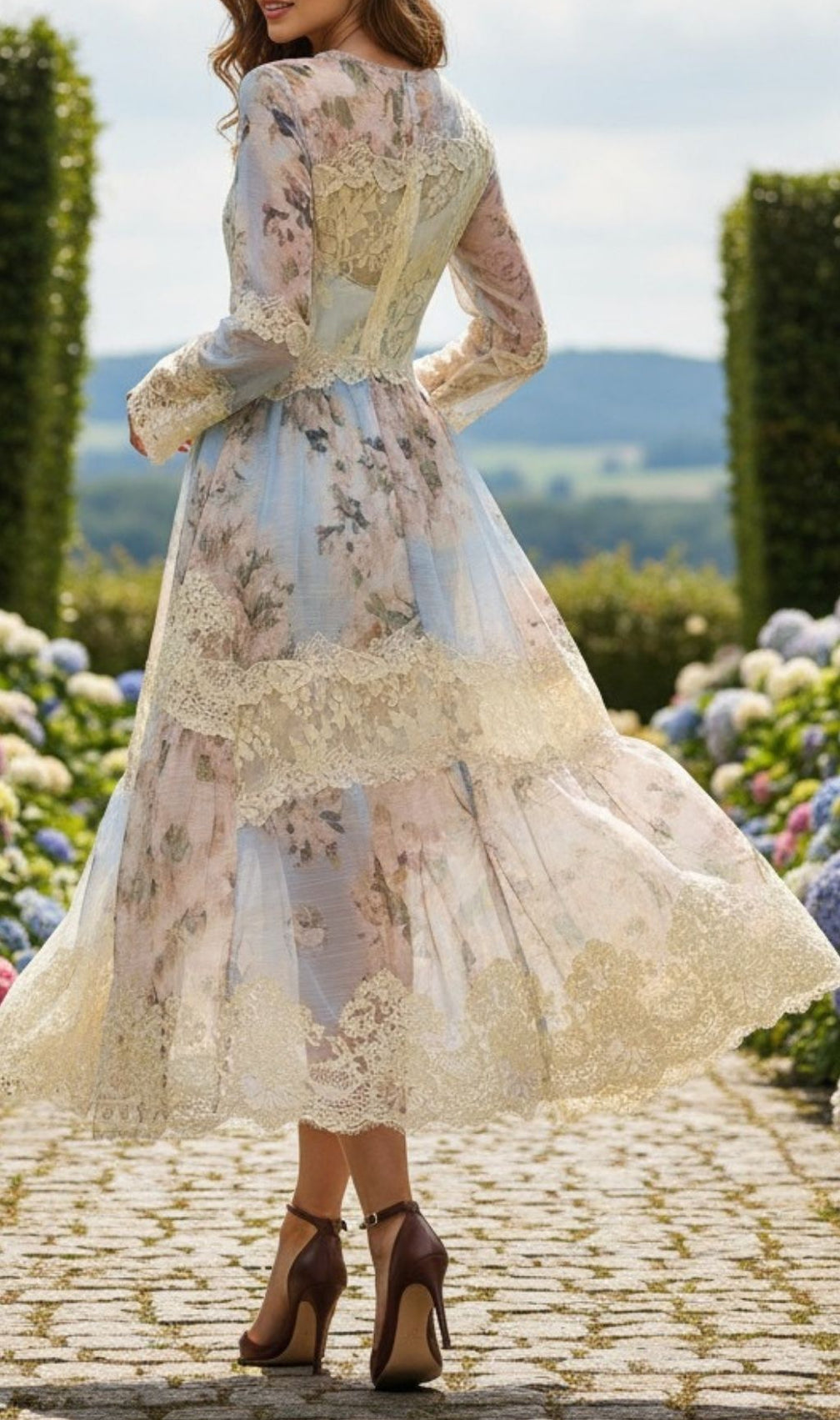 Kameelah Romantic Floral Lace High-Low Maxi Dress | Elegant Long Sleeve Gown