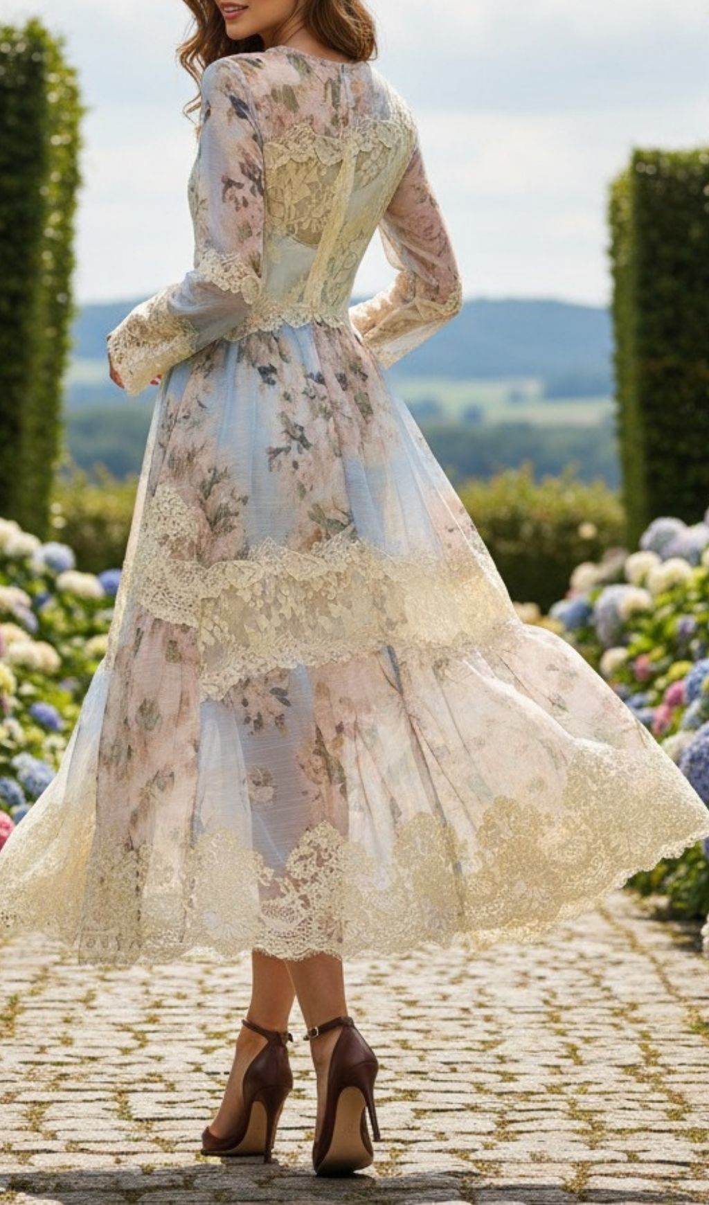 Kameelah Romantic Floral Lace High-Low Maxi Dress | Elegant Long Sleeve Gown