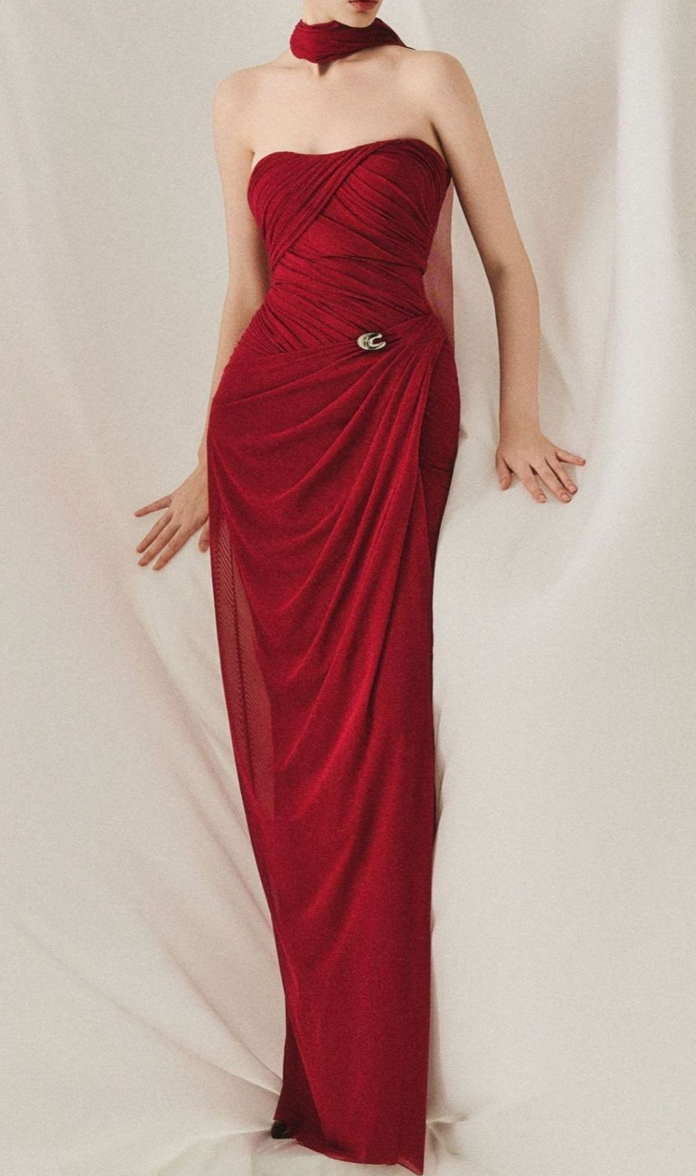 Lacey Red Ruched Maxi Dress