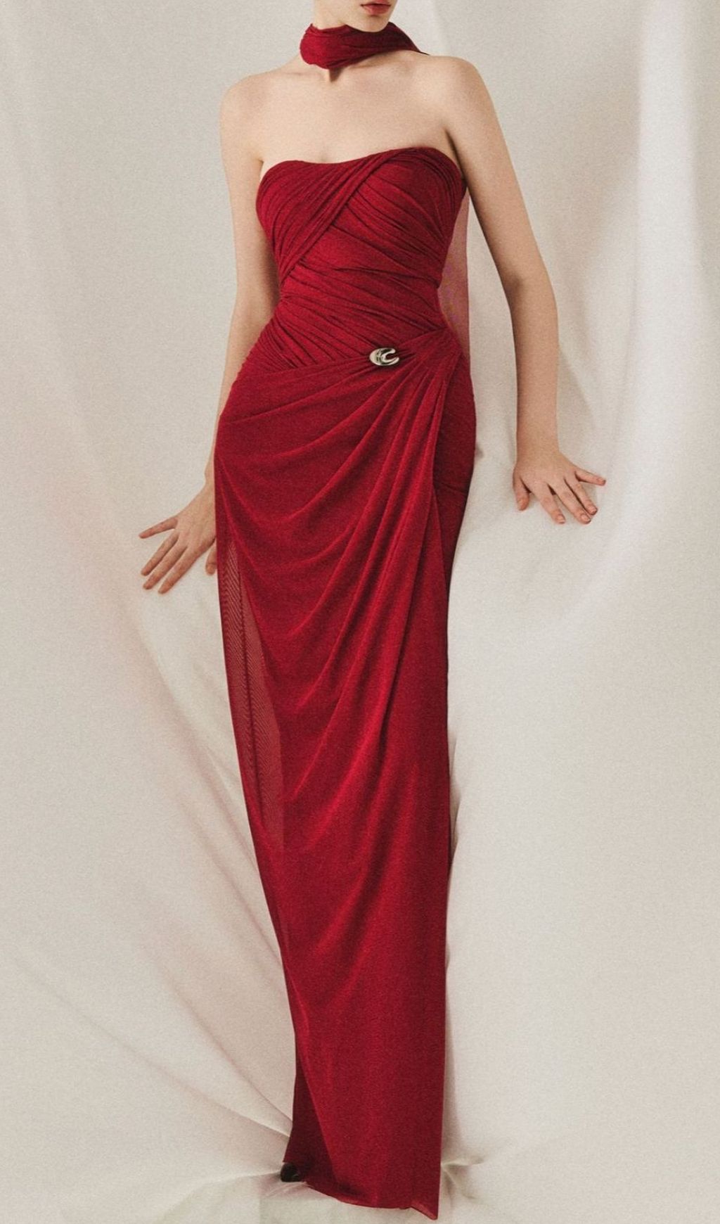 Lacey Red Ruched Maxi Dress