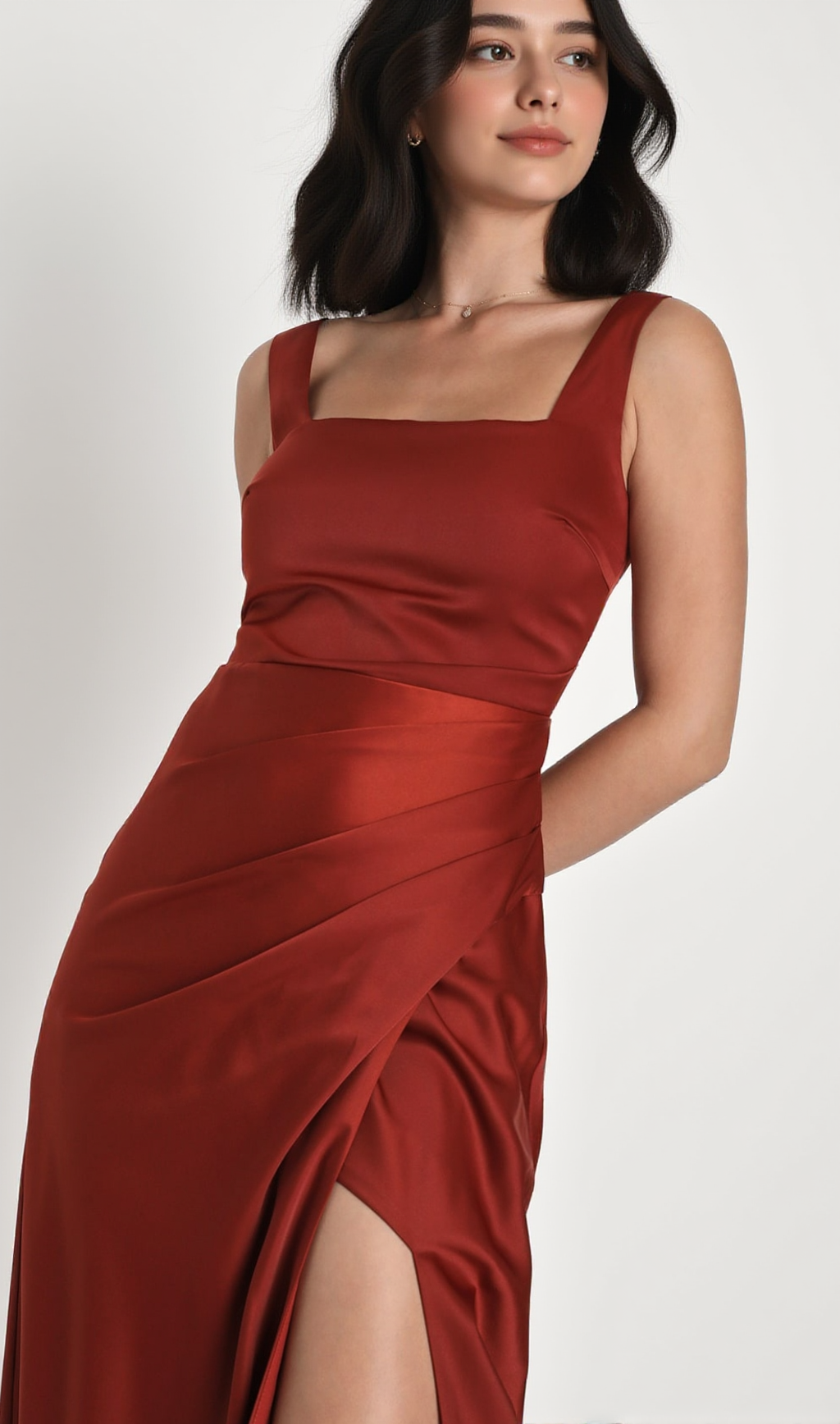Red Carpet Romance Rust Orange Satin Square Neck Maxi Dress