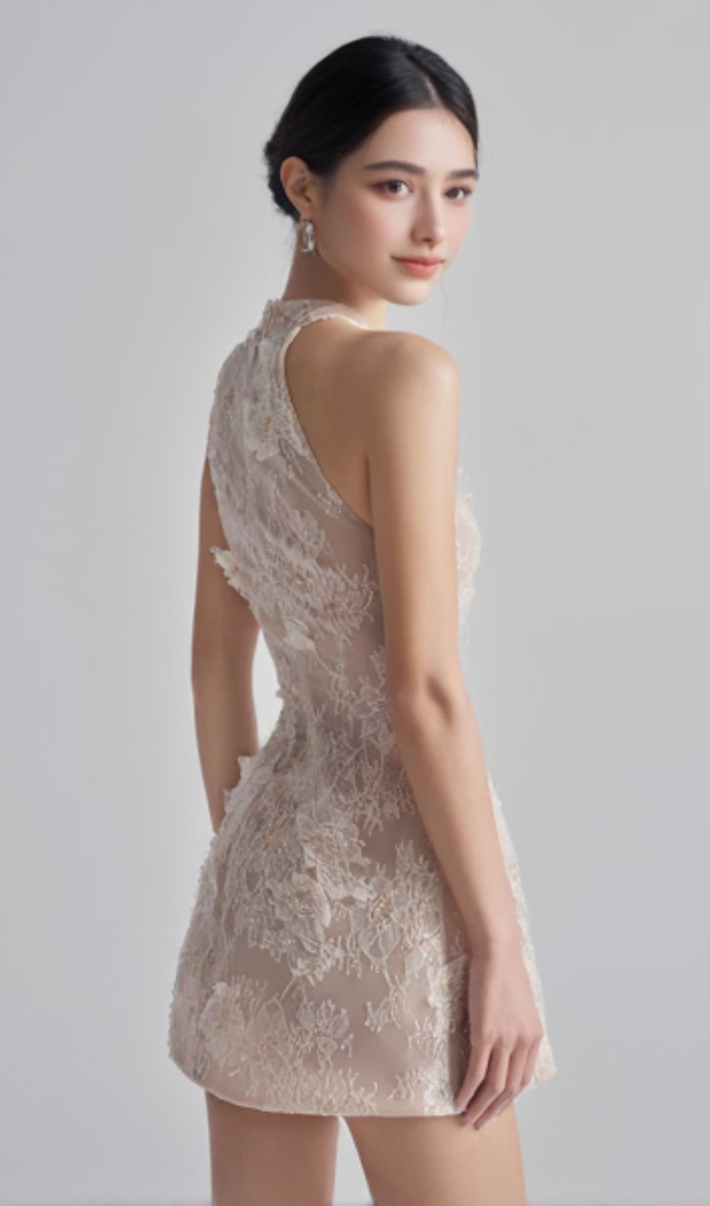 Floral Lace Mini Dress In Beige Orange