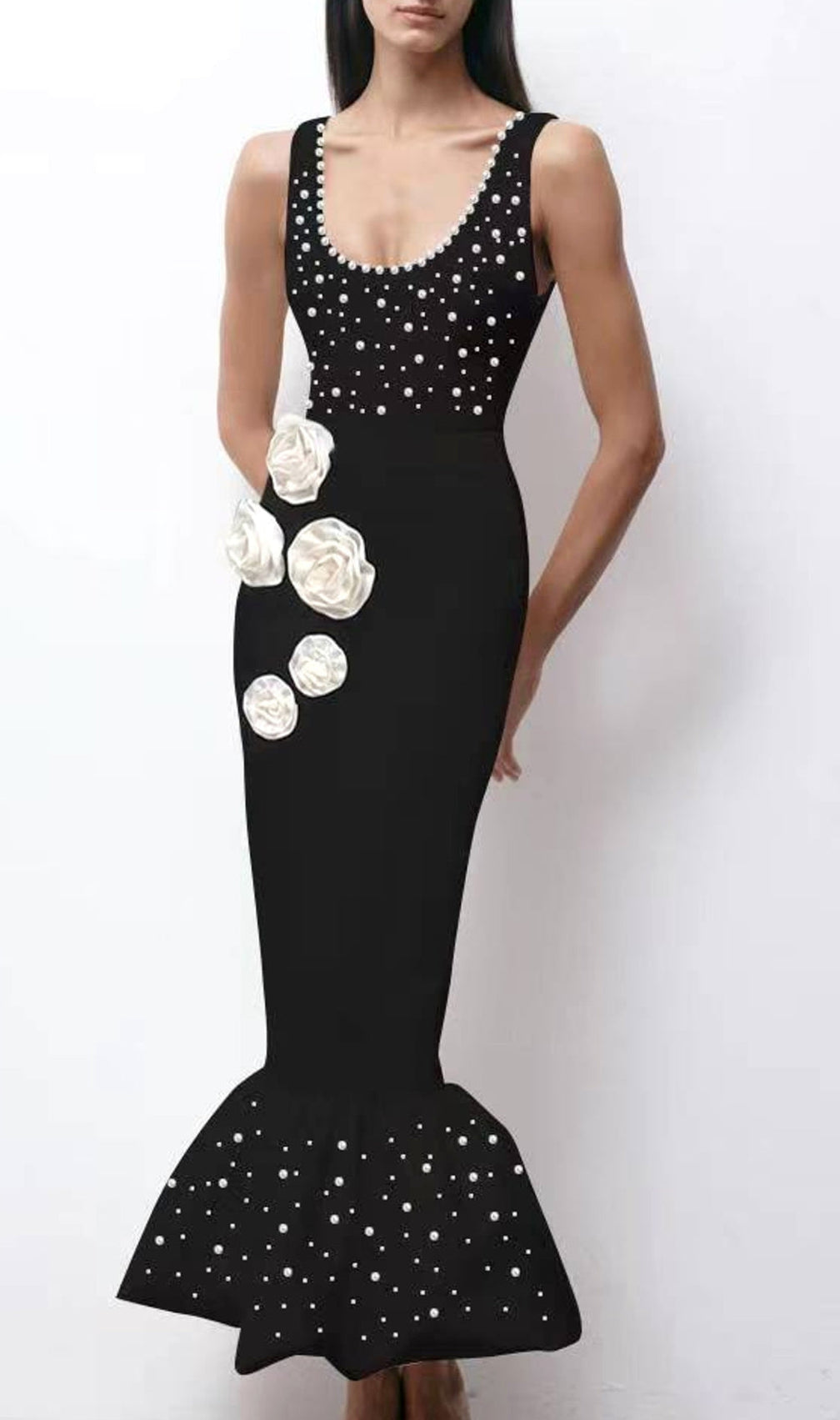 Bebe Black Flower Pearl Mermaid Midi Dress