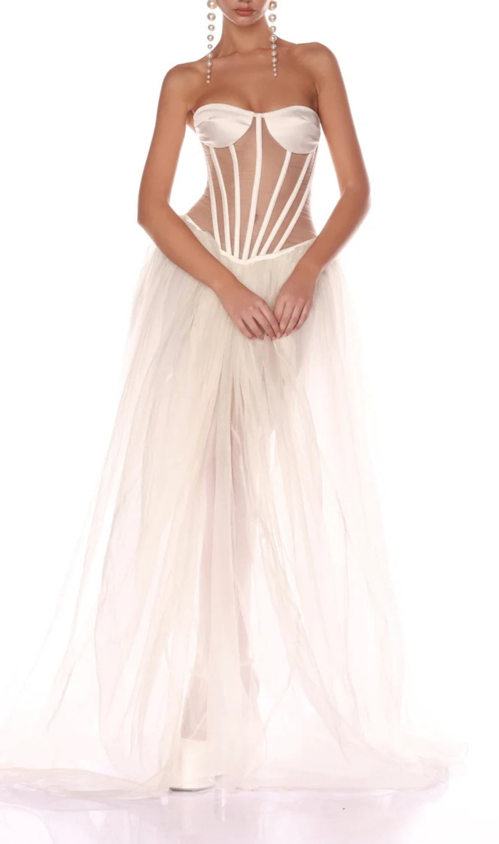 Baya White Strapless Corset Mesh Maxi Dress