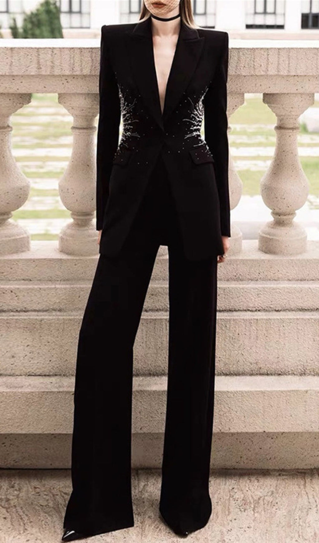 Clarice Black Crystal Blazer Set