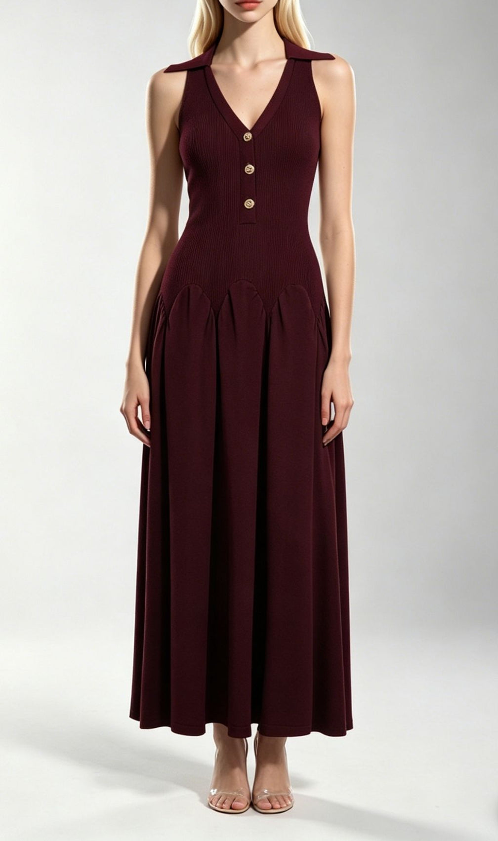 Kimi Women's Mahogany Knit Maxi Dress - Sleeveless V-Neck, Elegant & Versatile