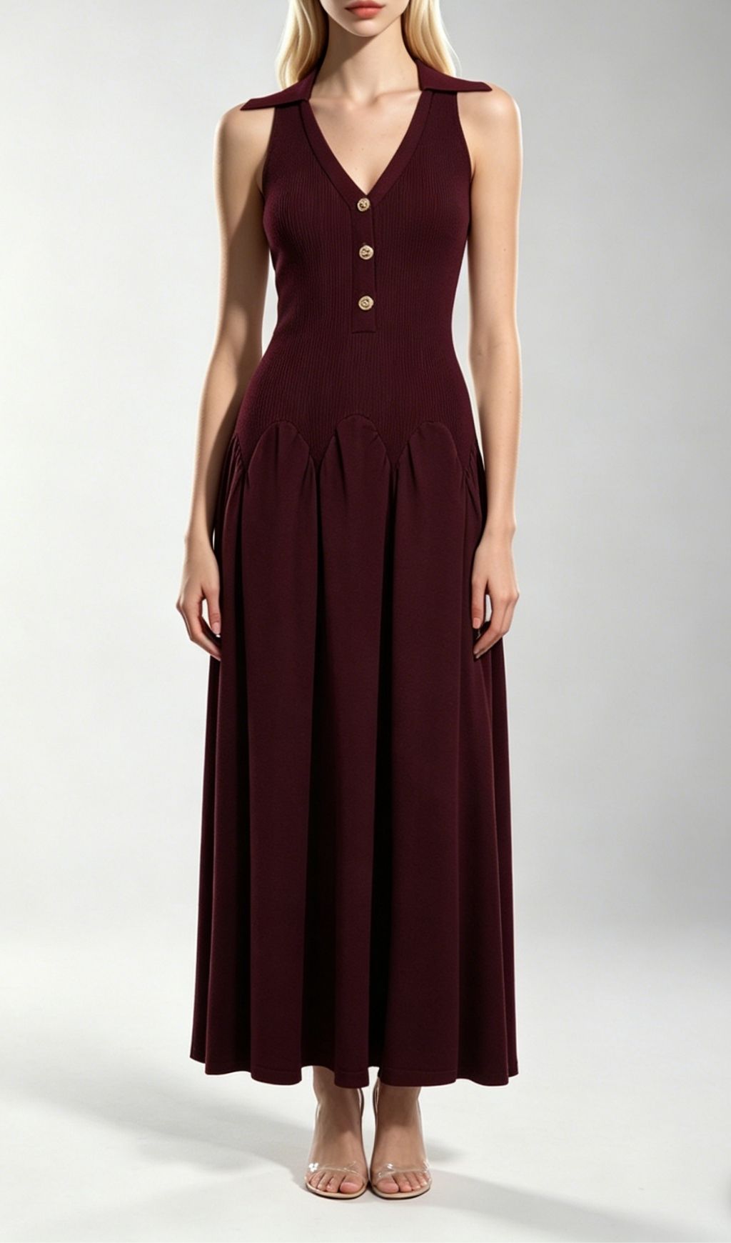 Kimi Women's Mahogany Knit Maxi Dress - Sleeveless V-Neck, Elegant & Versatile