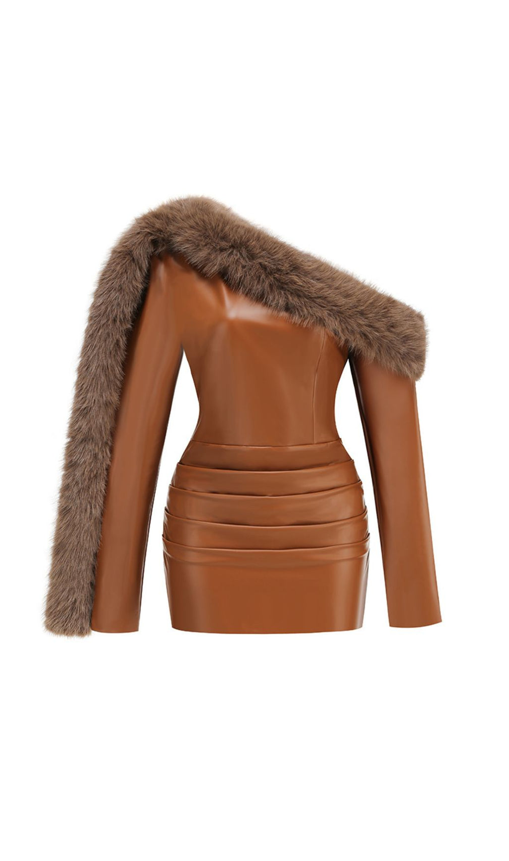 João Daring Faux Leather & Faux Fur Asymmetrical Mini Dress