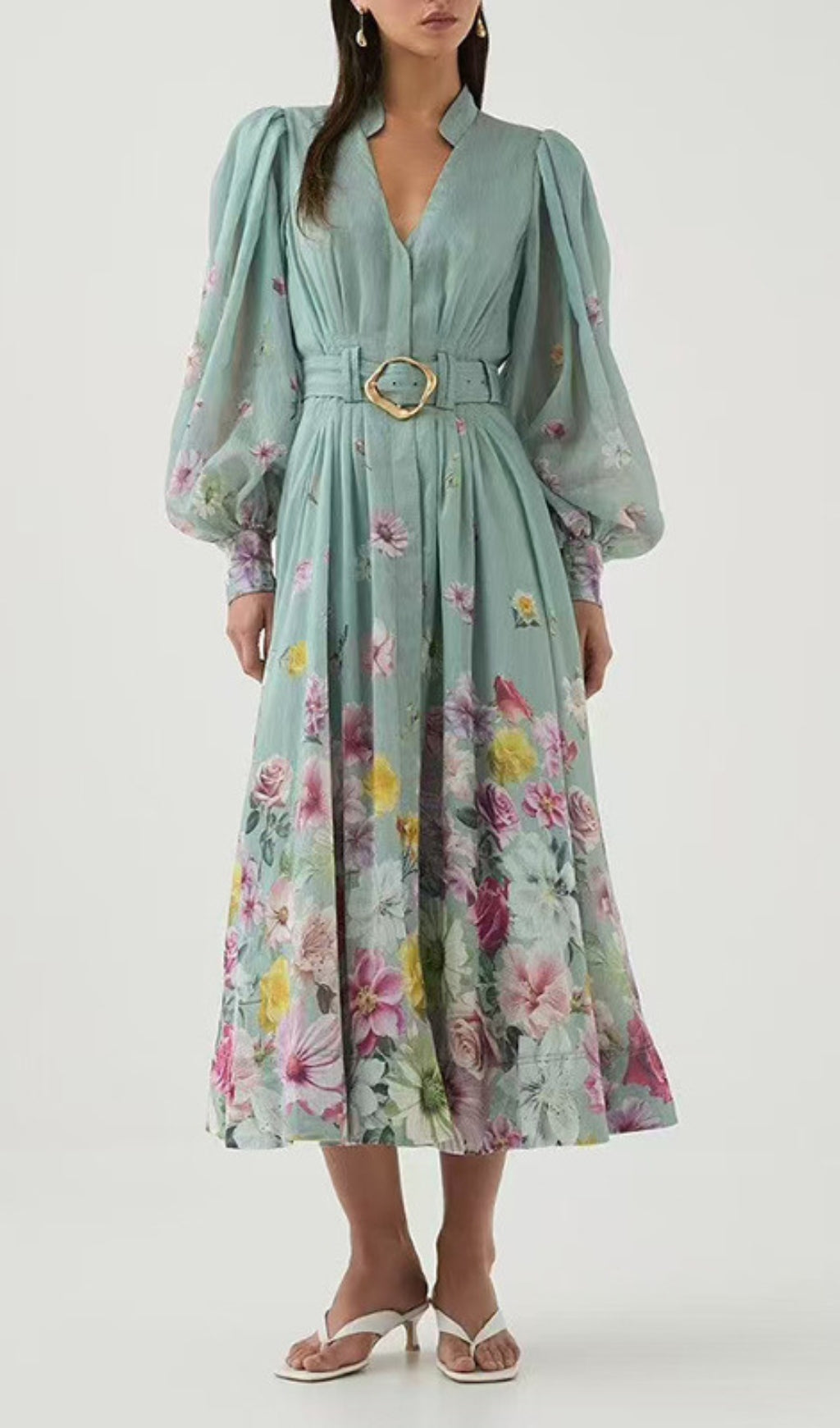 Elsie Green Lantern Sleeve Floral Midi Dress