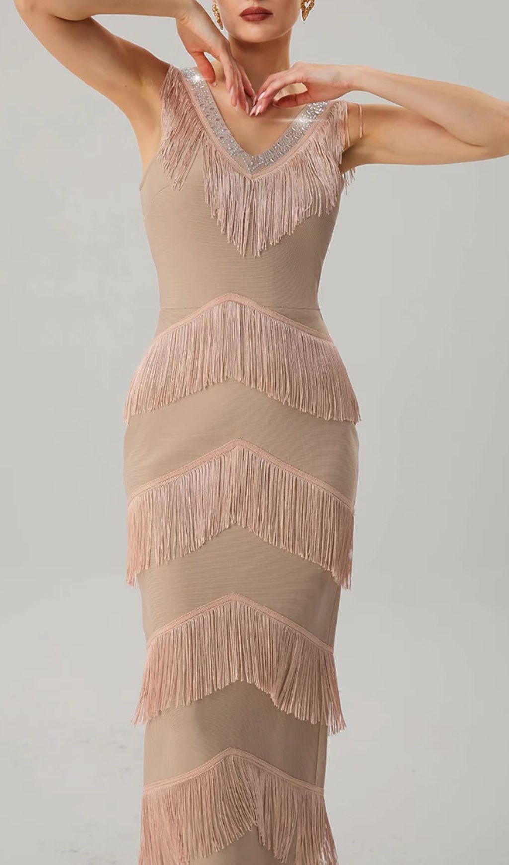 Kaleidrix V Neck Fringe Split Bandage Maxi Dress