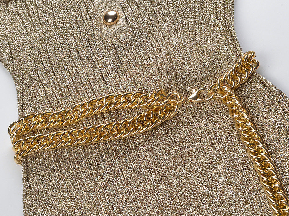 Shimmering Gold Ribbed Knit Midi Dress with Chic Chain Belt