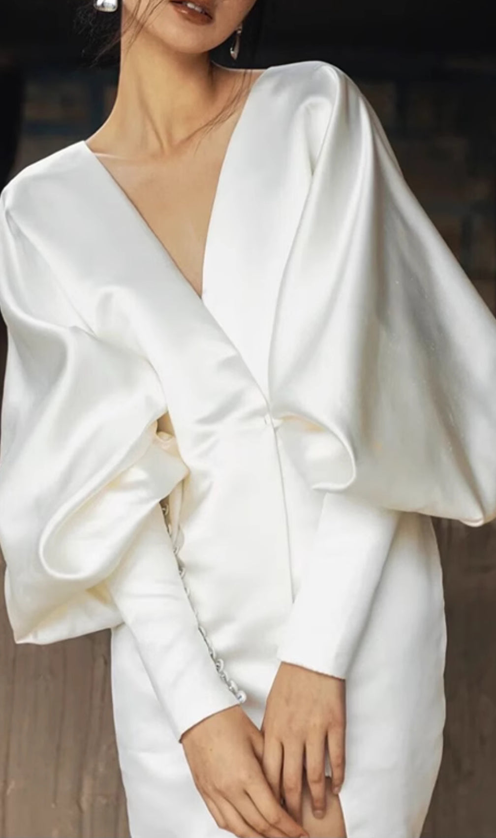 Coletta White V-Neck Long Sleeve Satin Mini Dress