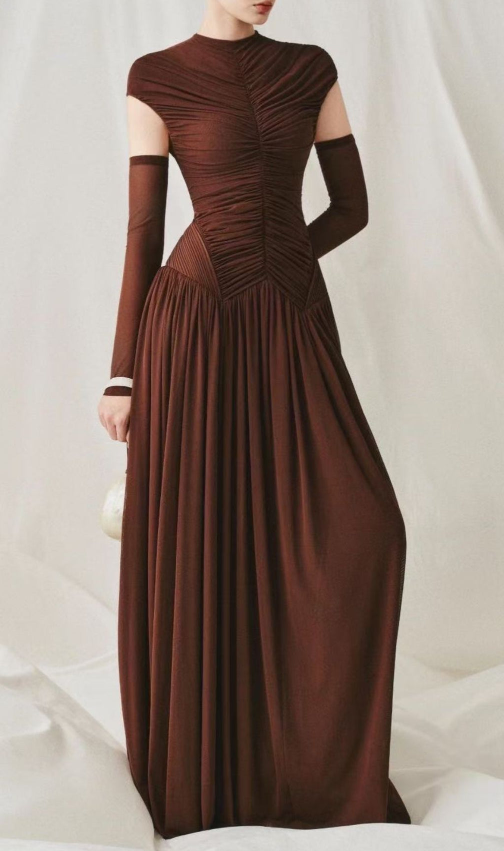 Kiele Luxe Chocolate Brown Ruched Maxi Dress - Sculpted Elegance for Women
