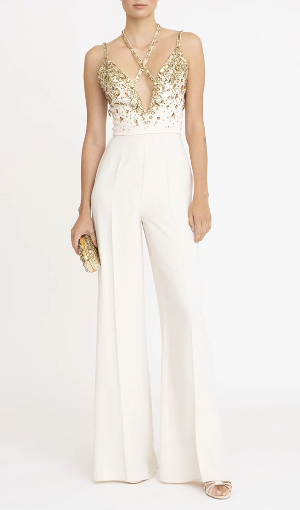V-Neck Sequin Halter Suit In White