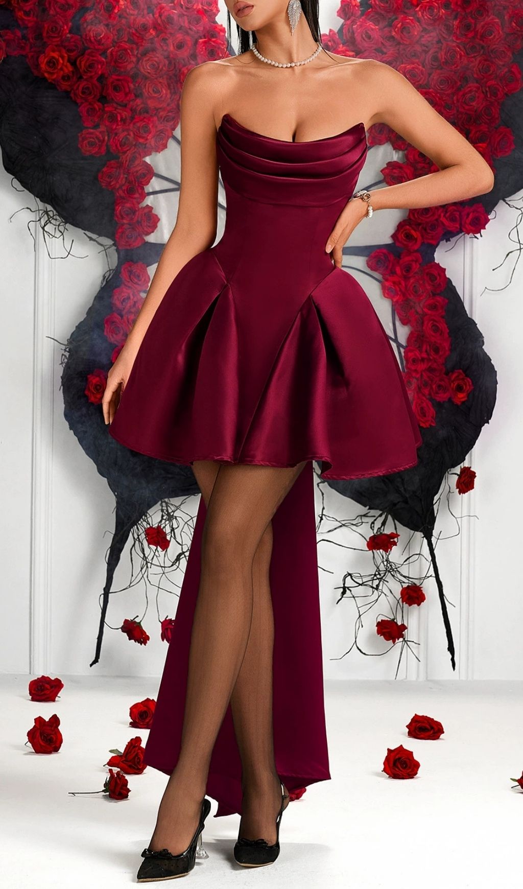 Kathia Red Strapless Bow Mini Dress | High-Low Satin Cocktail Party Gown
