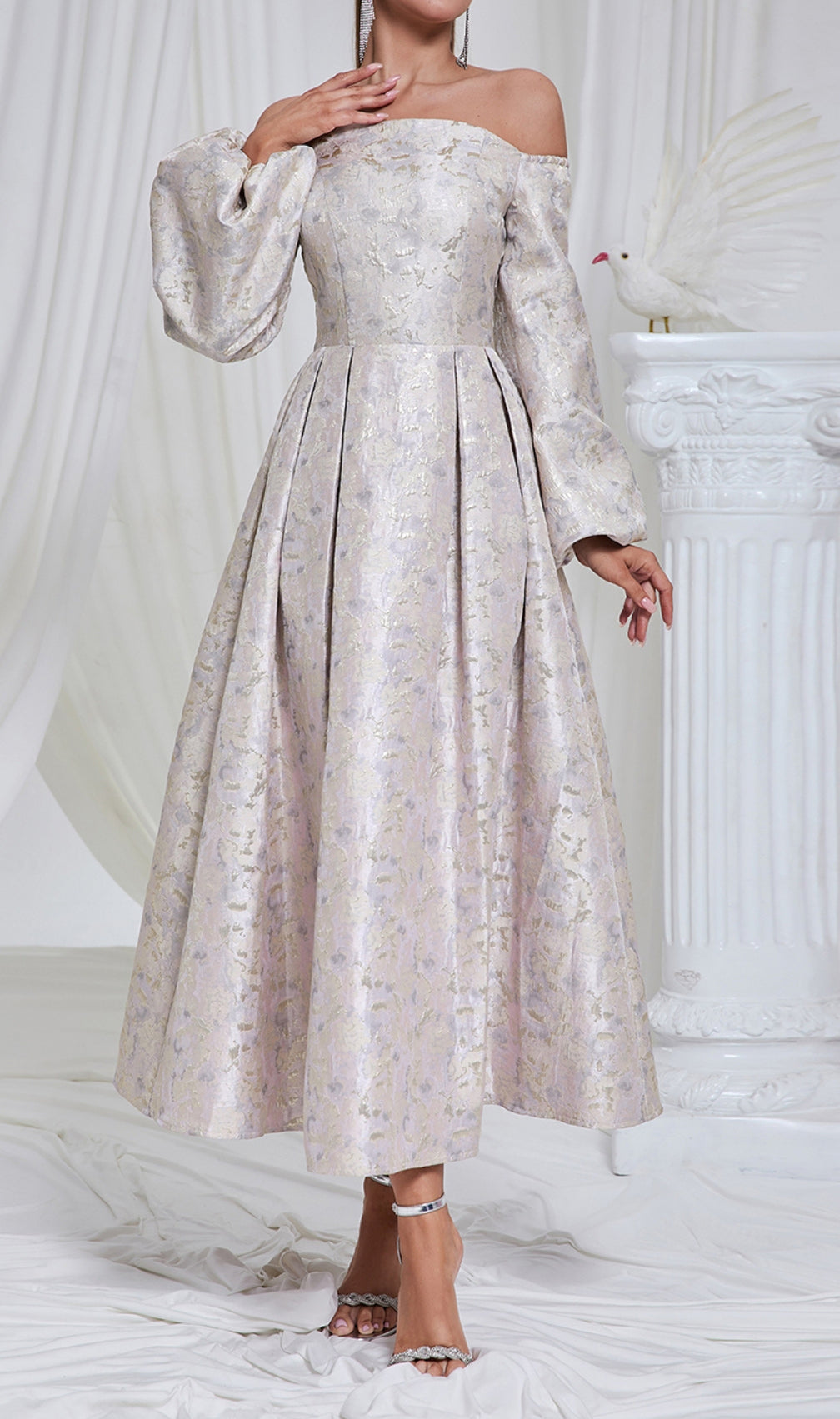 Bell Puff Sleeve Jacquard Maxi Dress