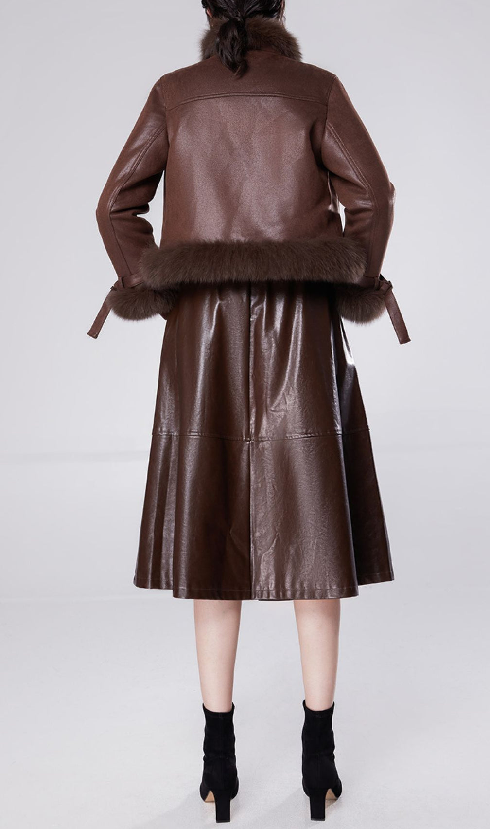 Hicks Luxurious Faux Leather & Faux Fur Trim Jacket & Midi Skirt Set | Chic Brown Winter Ensemble