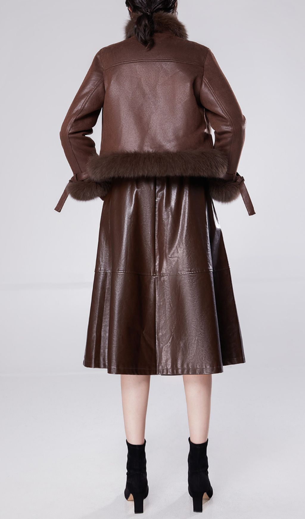 Hicks Luxurious Faux Leather & Faux Fur Trim Jacket & Midi Skirt Set | Chic Brown Winter Ensemble