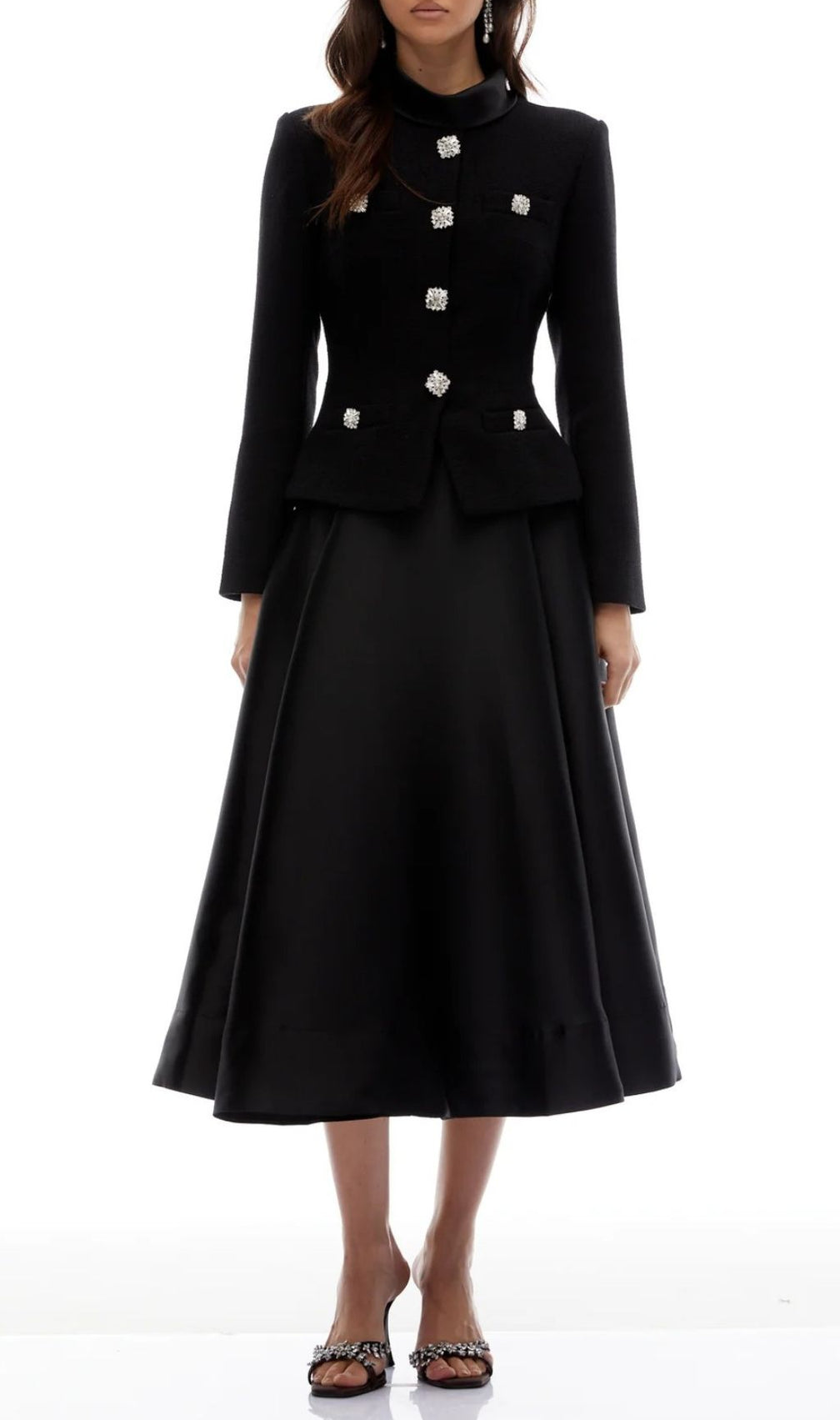 Jayna Embellished Black Peplum Midi Dress - Elegant Long Sleeve