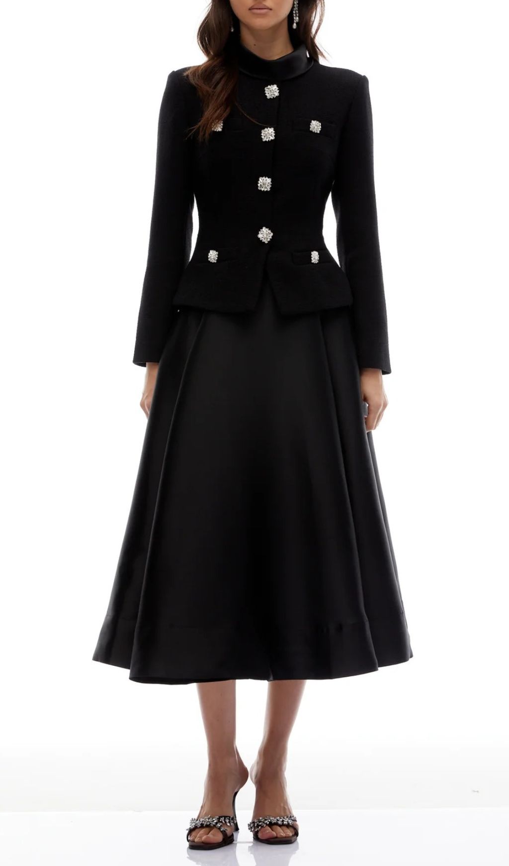 Jayna Embellished Black Peplum Midi Dress - Elegant Long Sleeve