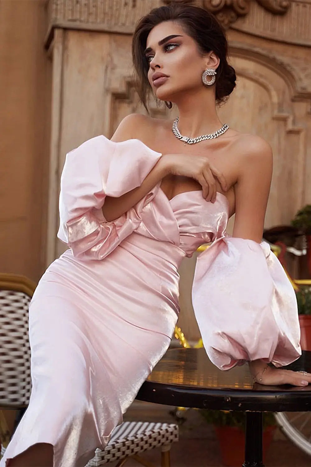 Off Shoulder Backless Puff Sleeves Midi Dress