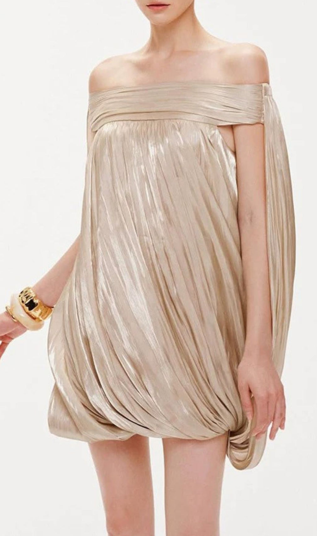Karimah Champagne Off-Shoulder Pleated Mini Dress - Glamorous Bubble Hem