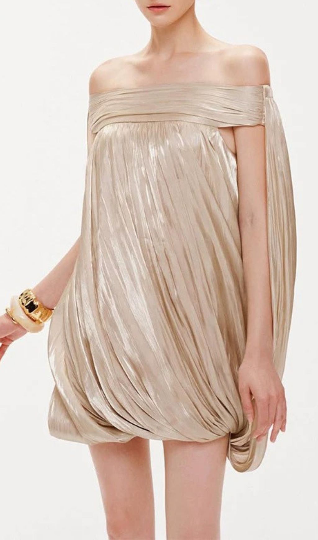 Karimah Champagne Off-Shoulder Pleated Mini Dress - Glamorous Bubble Hem