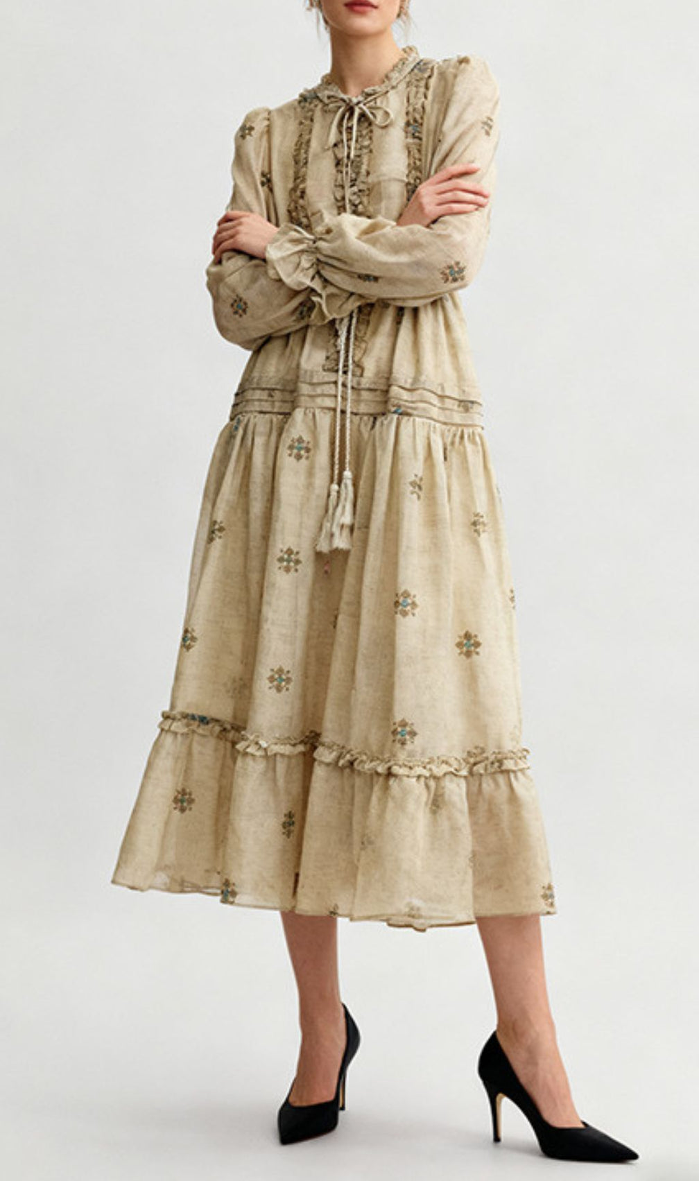 Indiya Artisan Print Midi Dress | Elegant Boho Long Sleeve Tiered Dress