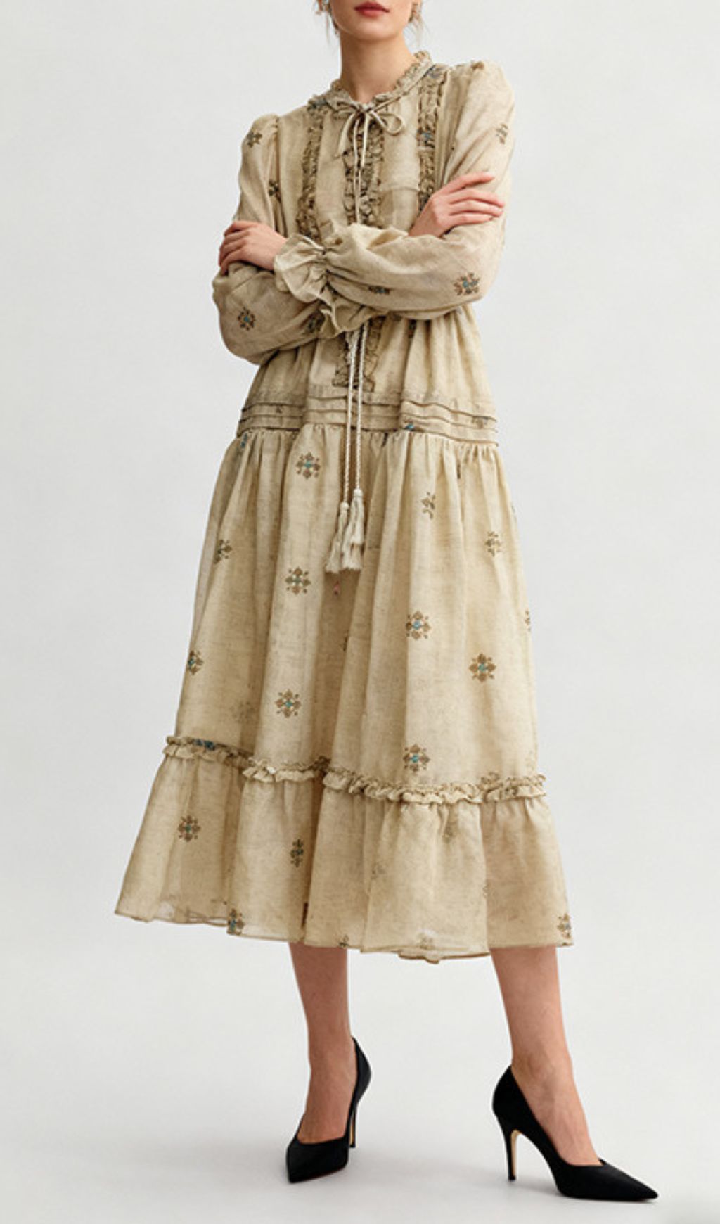 Indiya Artisan Print Midi Dress | Elegant Boho Long Sleeve Tiered Dress