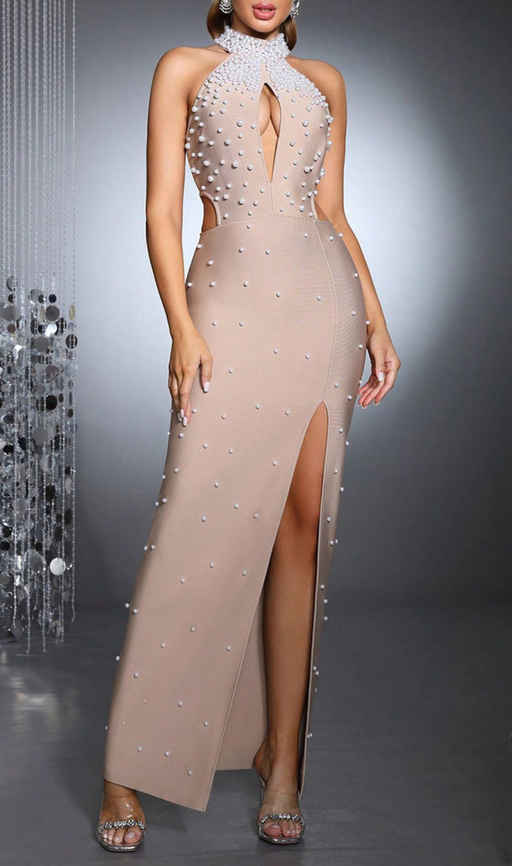 Haidera Pearl Beaded Halter Neck Bandage Maxi Gown with Thigh Slit
