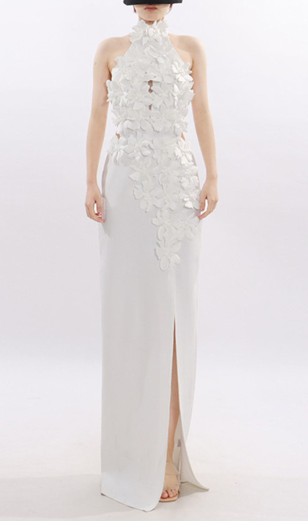 Jezel White 3D Floral Halter Maxi Dress - Elegant Wedding Guest & Gala Gown