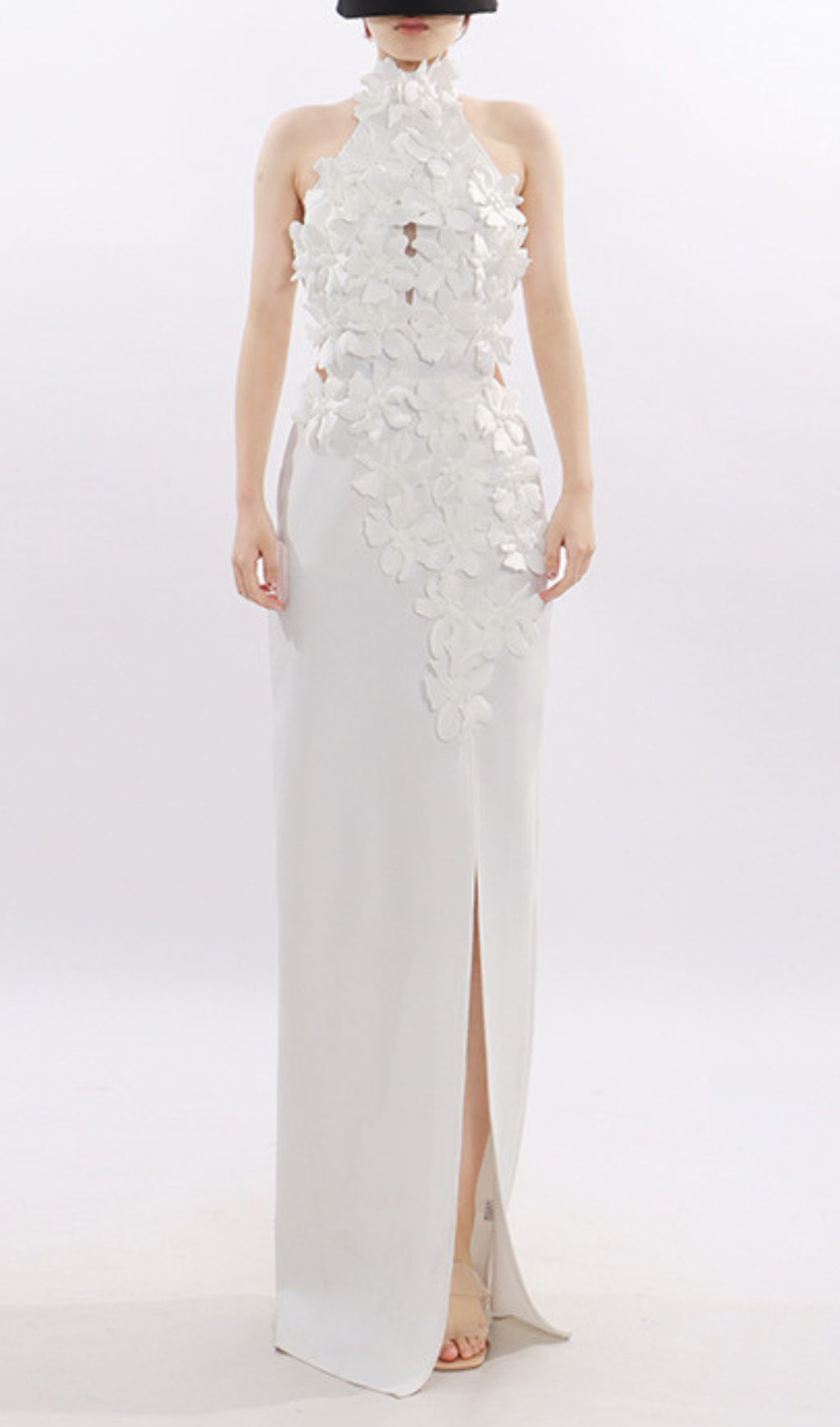 Jezel White 3D Floral Halter Maxi Dress - Elegant Wedding Guest & Gala Gown