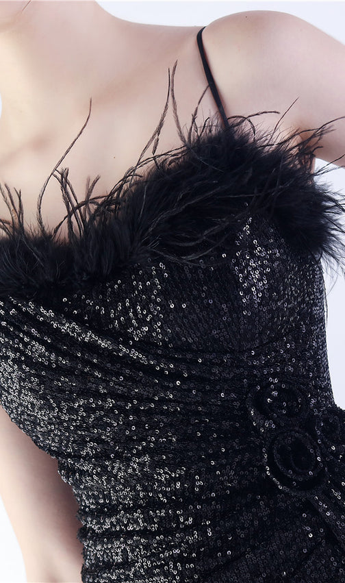 Chroma Black Sequin Flower Feather Maxi Dress