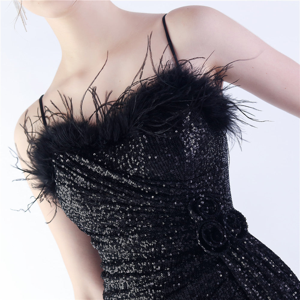 Chroma Black Sequin Flower Feather Maxi Dress