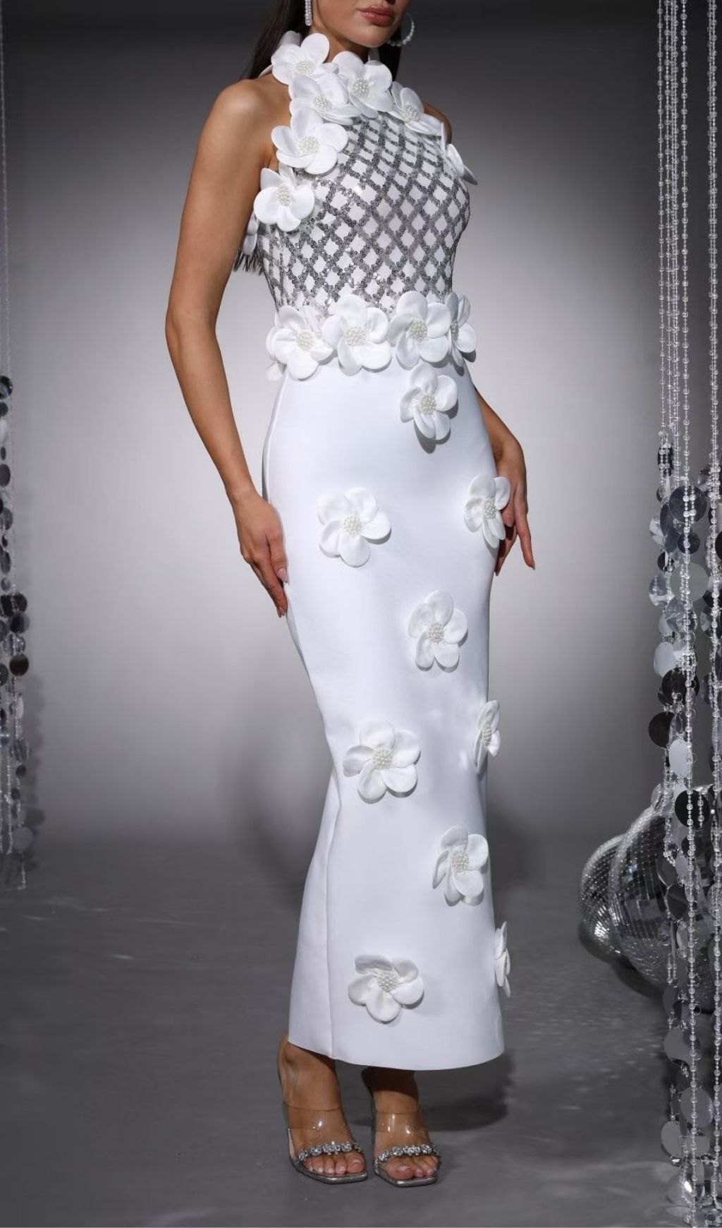 Kendi White Halter Sequin & 3D Floral Maxi Dress | Elegant Bandage Gown