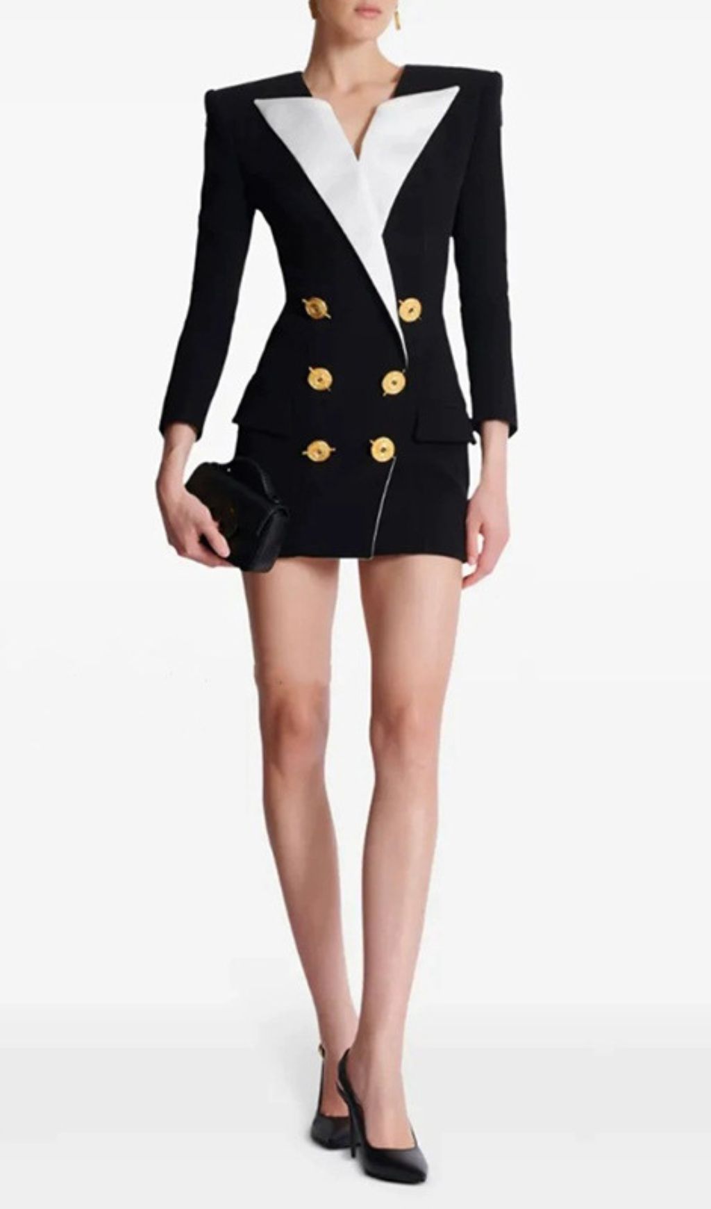 Heulwen Black Double-Breasted Tuxedo Blazer Dress with Contrast Lapels