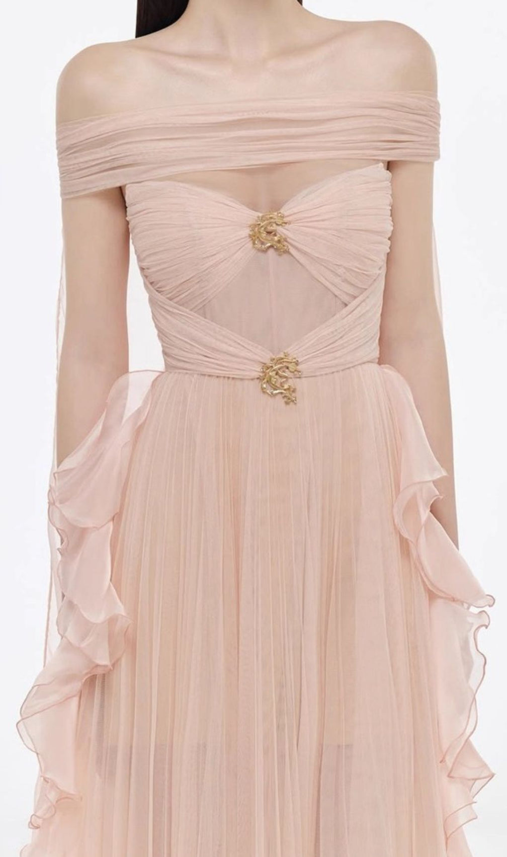 Johanna Off-Shoulder Mesh Ruffle Maxi Gown - Elegant Blush Pink Formal Dress
