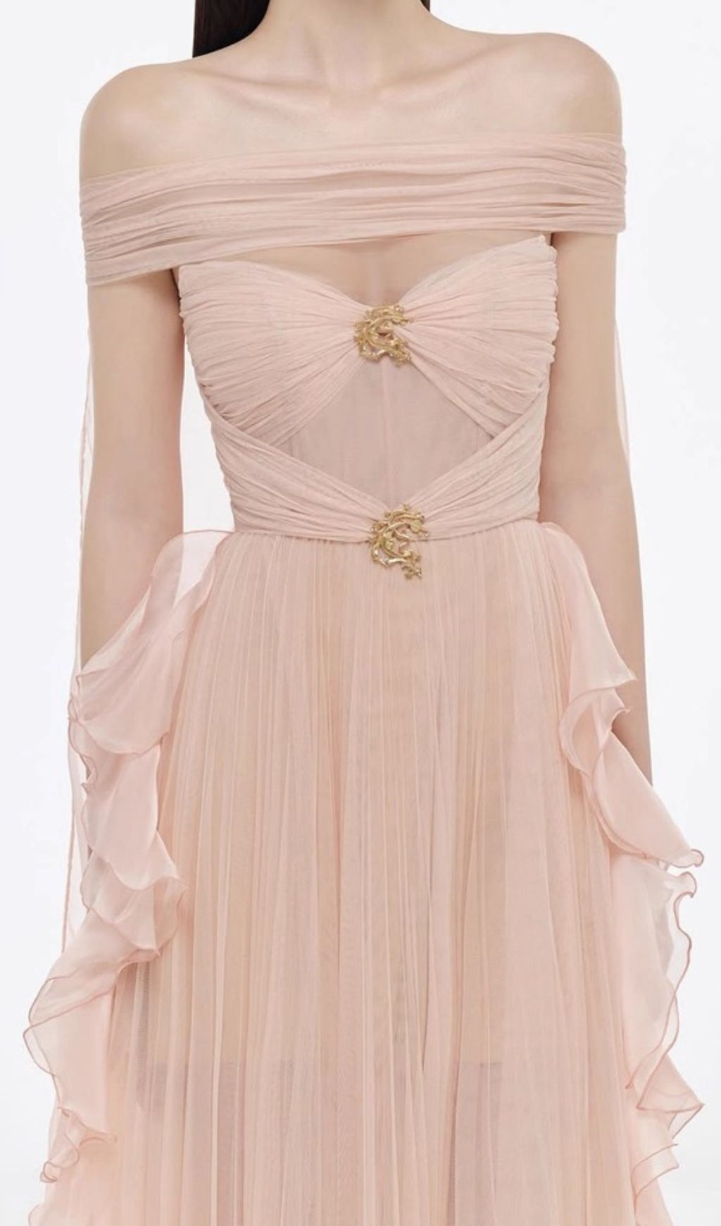 Johanna Off-Shoulder Mesh Ruffle Maxi Gown - Elegant Blush Pink Formal Dress